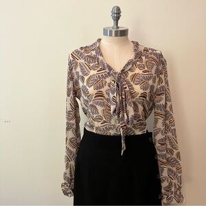 VTG Womens Leaf Print Pussybow Neck Tie Button Down Blouse Brown Blue Sz 10